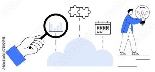 Magnifying glass analyzing data, puzzle pieces, calendar, person holding light bulb, cloud center. Ideal for research, innovation, productivity planning creativity technology teamwork. Clean