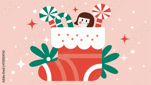 Festive holiday stocking overflowing with sweets and joy, ideal for seasonal greetings and cheerful winter designs, a vector-based celebration of Christmas cheer