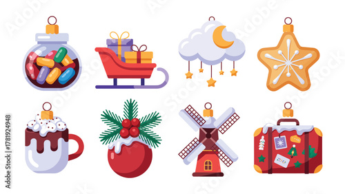 Festive Ornaments of Yuletide Cheer: Eight holiday ornaments, each a miniature symbol of festive cheer, present a whimsical array of joyful decorations.