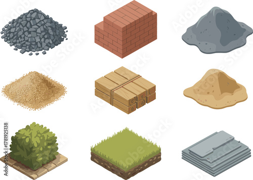 Set of Isometric Construction, Building, and Landscaping Materials Vector