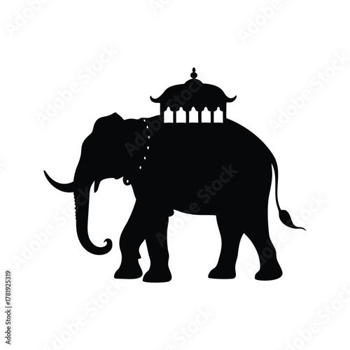 Silhouette of an elephant carrying a decorative pavilion on its back, elephant silhouette vector illustration