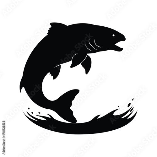 Black silhouette of a salmon leaping from the water with splashes, fish jumping out of water silhouette vector illustration