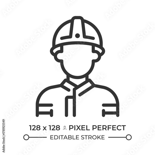 Firefighter pixel perfect line icon. First responder trained to extinguish fires. Brave fireman emergency team. Isolated vector illustration. Outline symbol. Simple linear drawing. Editable stroke