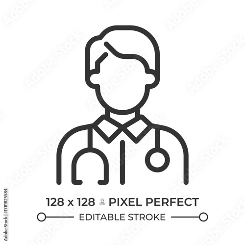 Doctor pixel perfect line icon. Physician in robe with stethoscope. Medical staff. General practitioner. Isolated vector illustration. Outline symbol. Simple linear drawing. Editable stroke