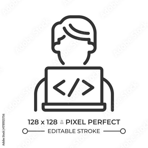 Programmer pixel perfect line icon. Web developer working on laptop. Engineer writing software code. Isolated vector illustration. Outline symbol. Simple linear drawing. Editable stroke