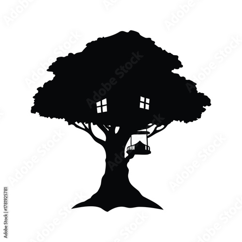 Silhouette of a magnificent tree with a charming treehouse inside the branches, forest treehouse silhouette vector illustration