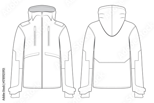 insulated jacket clothing mockup. jacket template front and back. modern windbreaker vector mockup. 