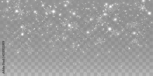 Magic winter glow with white snowflakes, shiny dust, and glittering stars. Sparkling Christmas light effect on transparent background. Vector illustration.