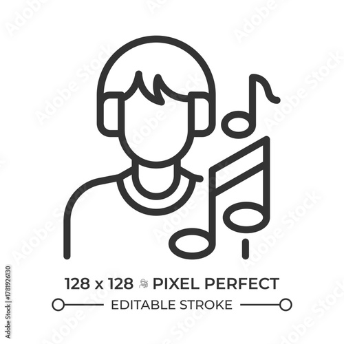 Musician pixel perfect line icon. Man with headphones and music notes. Songs and melodies author. Melomaniac. Isolated vector illustration. Outline symbol. Simple linear drawing. Editable stroke