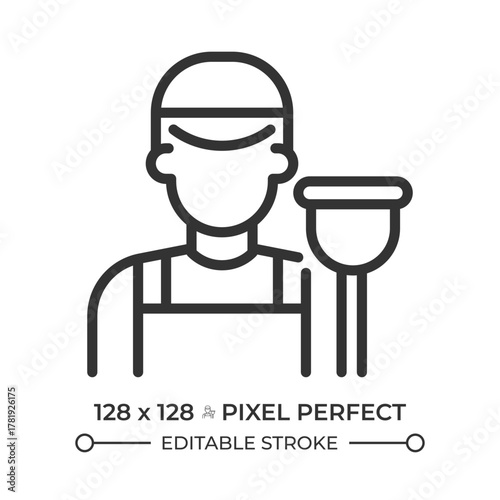 Plumber pixel perfect line icon. Man worker with plunger. Repairing pipes, fittings,and water supply job. Isolated vector illustration. Outline symbol. Simple linear drawing. Editable stroke
