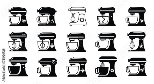 Set of stand mixer icons kitchen appliance illustration in simple flat style isolated on white background