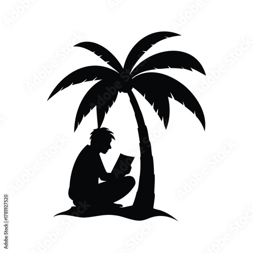 Silhouette of a person reading under a palm tree on a beach, person reading book under palm tree silhouette vector illustration