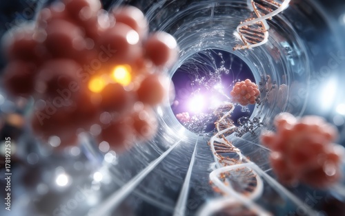 Abstract Macro Shot of DNA and Cells Inside a Tunnel, Scientific Illustration, Futuristic Design with Bioluminescence