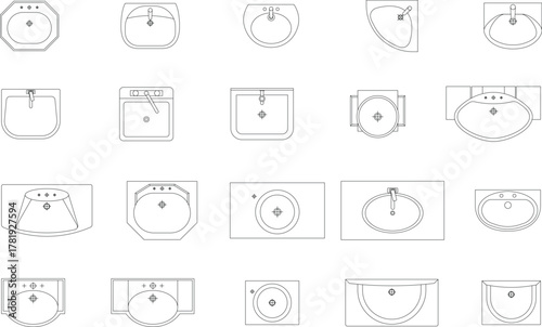 Collection of bathroom sink, basin, washbasins, top view line drawing different shapes and styles of washbasins for bathroom, interior design, vector, illustration, customizable