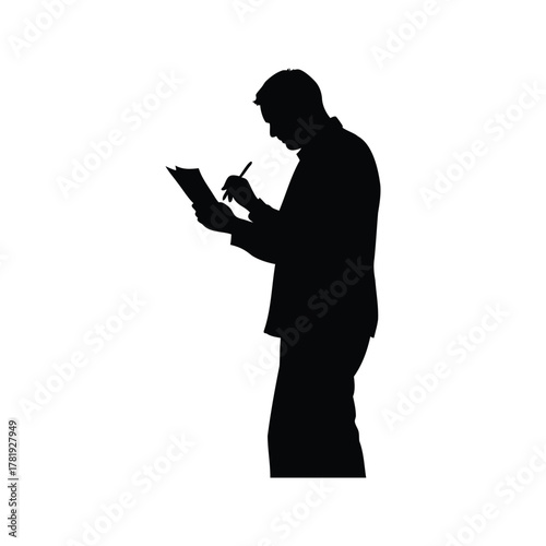 Silhouette of a man writing or reading on a paper, isolated, person taking notes silhouette vector illustration