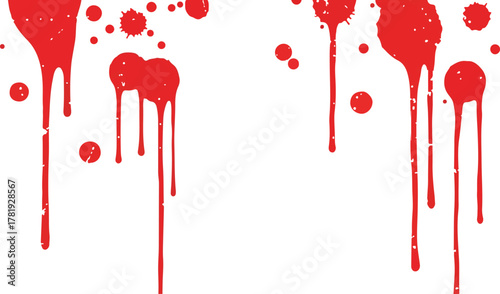 Red splatters and drips of fluid like blood scattered across a white surface