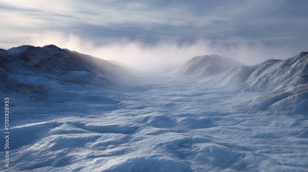 Obraz premium A vast misty Arctic mountain landscape under dramatic clouds evoking a sense of cold frozen wilderness