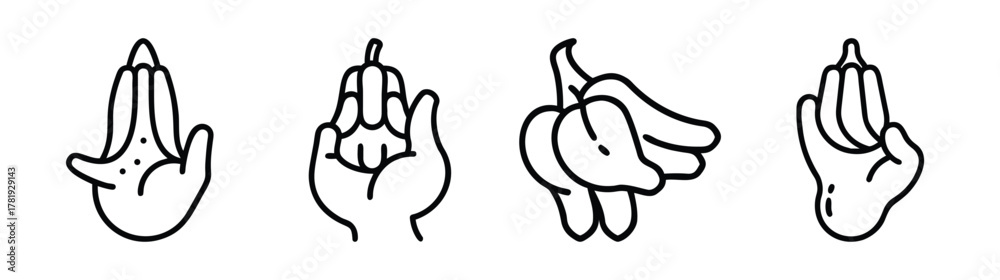 Fototapeta premium Buddha hand gestures and fruit symbols artistic line art collection
