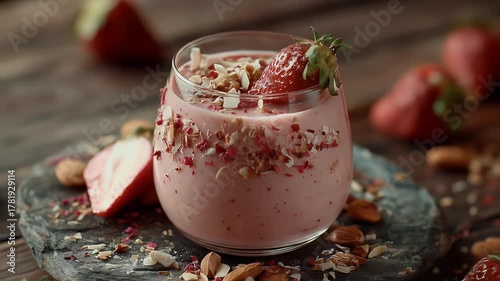 Delicious strawberry smoothie garnished with fresh berries and crushed nuts vibrant pink color rustic wooden surface with almond details healthy breakfast