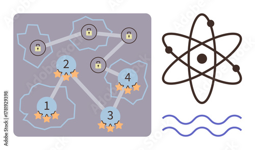 Connected nodes with locks and star ratings, atom diagram, and wave lines. Ideal for education, technology, progress, security, science innovation digital research. Simple flat metaphor