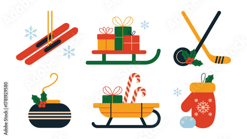 Winter Wonderland Symbols: Charming array of winter-themed objects with skiing, sledge gifts, ice hockey equipment, ice stones, candy, mitten. capturing the beauty of winter season.