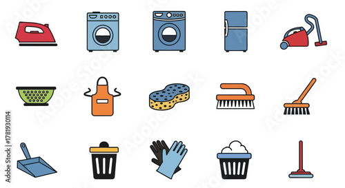 Set of cleaning icons flat illustration of household chores isolated on white background