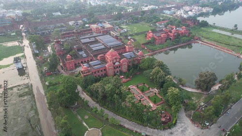 Aerial view of Darbhanga Fort showing its massive walls, ancient gateways, and historic layout. The shot highlights the scale, symmetry, and cultural heritage of this iconic landmark in Bihar.
