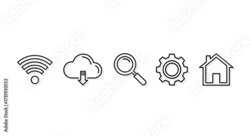 Set of simple line icons including wifi cloud download search settings and home illustration web and app isolated on white