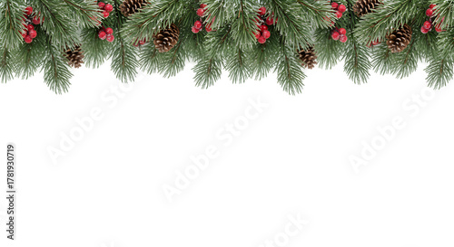 Seamless Christmas Garland Header with Pine Cones and Red Berries