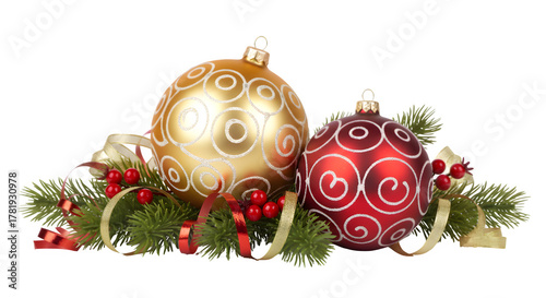 Red and Gold Christmas Ornaments with Ribbon and Fir Sprigs