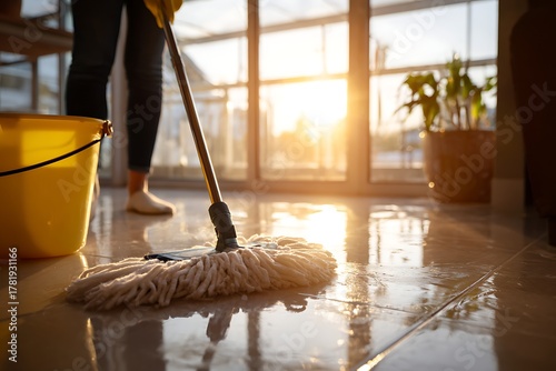 Person mopping floor, cleaning home with sun reflection