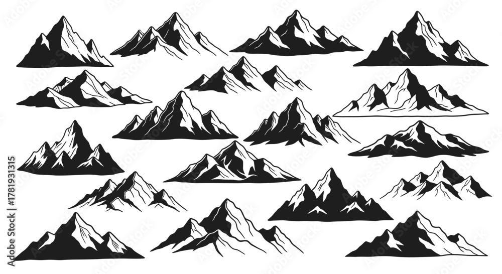 Fototapeta premium Vintage mountain range vector illustrations, black and white hand drawn peaks set, rustic outdoor adventure design elements isolated on White Background