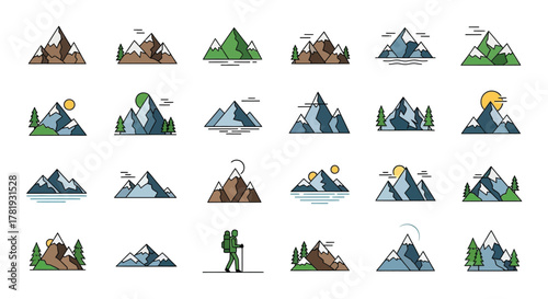 Mountain range icons minimalist flat illustrations outdoor adventure hiking and travel isolated on white background