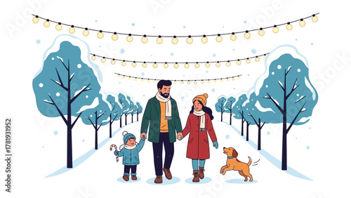 Cozy Winter Stroll: A family, bundled in winter attire, enjoys a leisurely walk together through a snowy park, accompanied by their playful dog and festive lights.