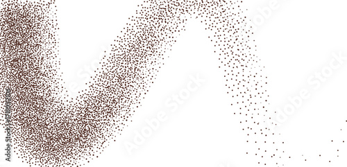 Coffee grounded gradients fly curved shape. Grainy texture splash wavy long textured element. Dotwork dark brown seed form. Vector gritty wavy line. Grunge cooking figure.