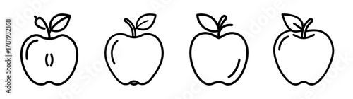 Simple line art apple icons set four fruits food drawing