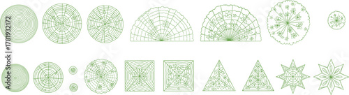Geometric pattern set, mathematical shapes, algorithmic symmetry, fractal designs, polar coordinates art, green line vector graphics, abstract grid