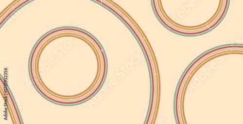 Boho rainbow rounded lines path textured background. Horizontal banner with colorful oval stripes abstract pattern. Vector vintage curved underline geometric backdrop. Dynamic playful wallpaper.