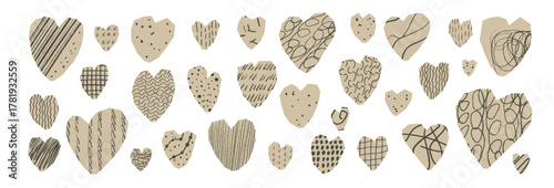 Doodle heart cutout collection for paper and scrapbook art. Collage beige pieces crayon lines textured set. Heart stickers icons. Paper cut out kind and charity symbols shape. Vector valentine crafts.