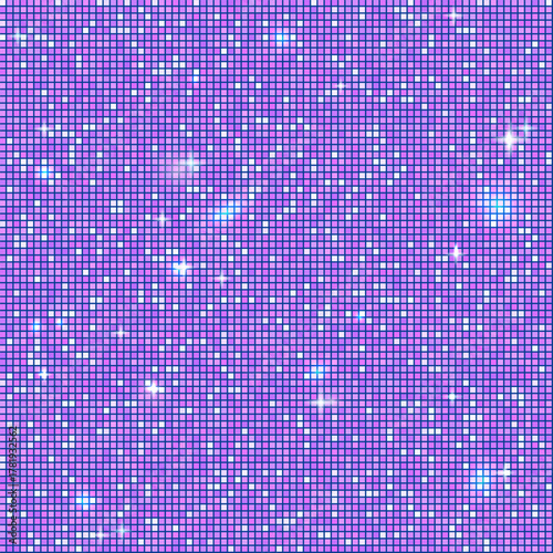 Shiny violet disco ball pattern with blue glitter mosaic and reflective texture. The glamorous sparkle party New Year theme. Vector festive background.