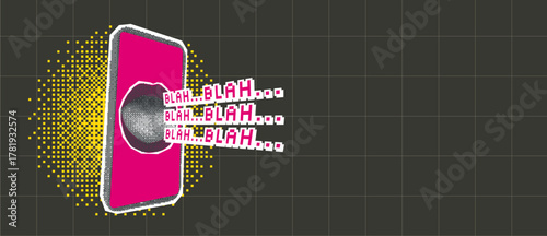 Podcast halftone and pixel stickers background template. Phone with speaking human mouth. News media collage with pixel art and magazine cutouts. Vector y2k illustration isolated on dark background.