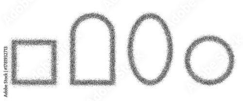 Dotwork geometric frames set. Black spray paint arc and oval borders. Charcoal square, arch, circle text boxes. Simple sand blank ellipse callouts. Vector illustration.