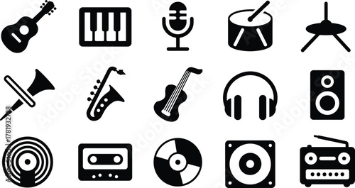 Music and Audio Icon Set – Vector Symbols of Instruments, Sound Equipment, and Playback Devices