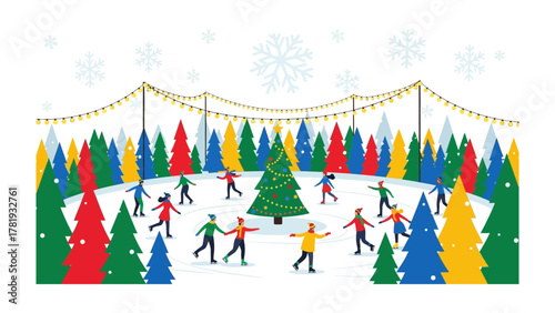 Festive Winter Wonderland: A vibrant winter scene unfolds as cheerful figures glide gracefully on an ice rink, surrounded by a colorful array of festive trees and twinkling lights.