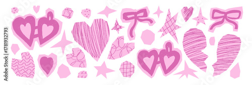 Scrapbook heart and paper cutout for love and collage design. Set of sticker, icons and a locket shape for valentine. Torn and cut star and broken heart element for craft scraps. Bowknot and love.