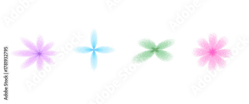 Y2K flower grainy noise gradient simple figures. Grain gradation green, purple dot airbrush spray shapes. Vector stippling retro aesthetic shapes with grunge dust effect. Pixel dots floral forms set.