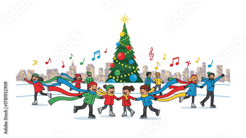 Holiday Joy and Unity: Children and adults ice skate merrily around a festive holiday tree, their colorful scarves intertwined in a heartwarming display of togetherness and holiday cheer.  