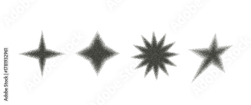 Gradient grain y2k stars figures. Twinkles black halftone grainy shapes set. Vector blinks, bling sparkles design graphic figures icons isolated on white background. Starburst y2k elements.