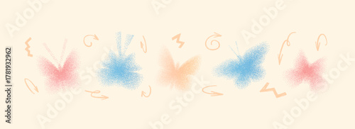 Y2K butterfly noise gradient pattern. Grain gradation flying dot airbrush spray shapes with arrows. Designed for nostalgic and contemporary posters. Vector aesthetic figures with grunge groovy bg.