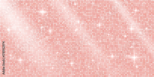 Disco ball mosaic background with rose gold mirror glitter texture. Shiny creamy pink tones sequin pattern. Festive fashion folded fabric decoration. Glam sparkle Christmas wall. Vector illustration.